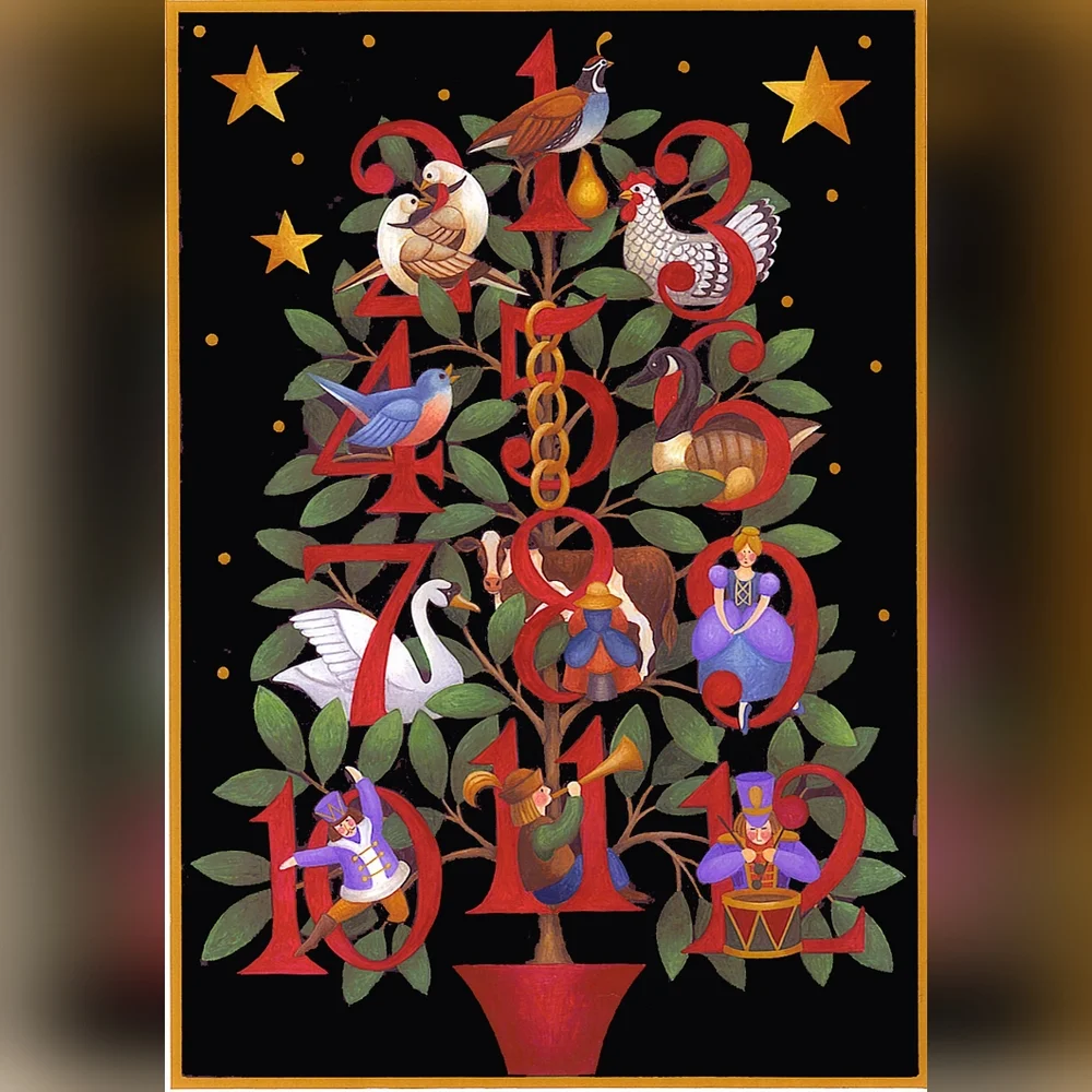 12 Days Of Christmas Vintage Festive Holiday Tree Rug with Colorful Design